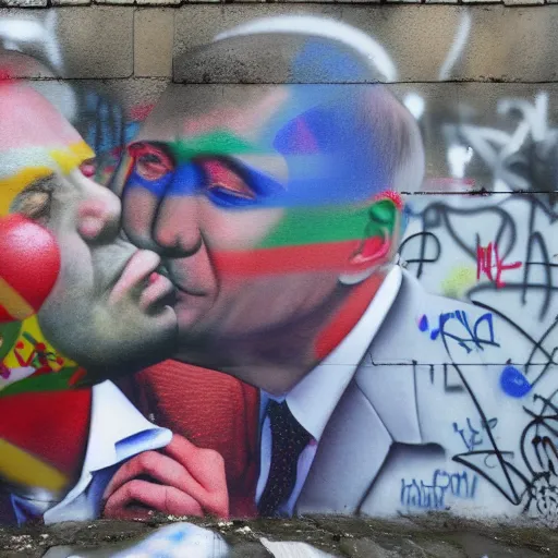 Prompt: Putin and Lavrov kissing, kiss on the Berlin wall, graffiti, 8k