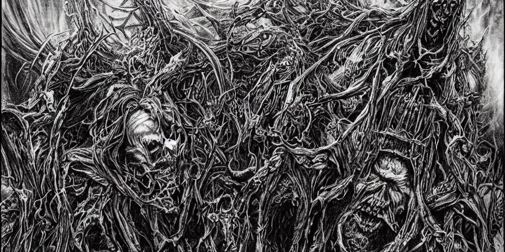 Prompt: Darkthrone themed drawing of unholy darkness black metal logo concept, intricate artwork by Christophe Szpajdel, H.R. Giger, Johnatan Wayshak, Zdizslaw Beksinski, Ayami Kojima, Amano, Karol Bak, Moebius, and Mark Brooks, Neo-Gothic, gothic, rich deep colors, art by Takato Yamamoto, masterpiece, face by Artgerm, very coherent artwork, cinematic, hyper realism, high detail, octane render, unreal engine, 8k, High contrast, golden ratio, trending on cgsociety