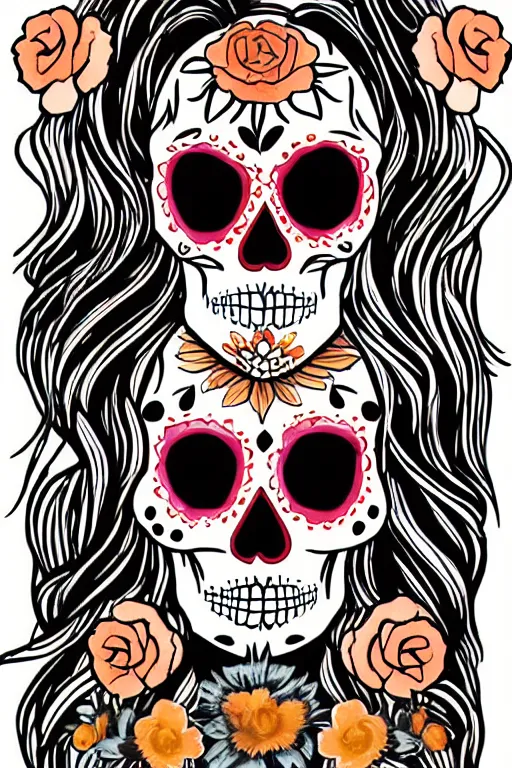 Prompt: Illustration of a sugar skull day of the dead girl, art by rupi kaur