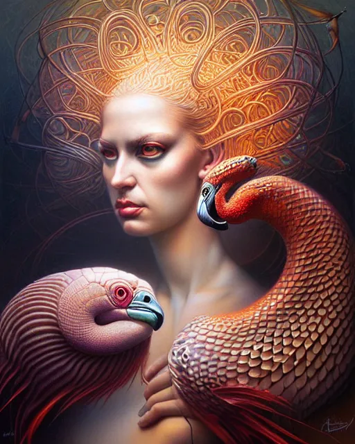 Image similar to a detailed portrait of dreampunk flamingo python hybrid mix goddess by tomasz alen kopera and peter mohrbacher