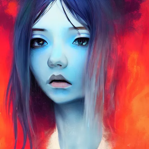 Prompt: red water swirling around rimuru tempest crying, enveloped in ghosts, sky blue straight hair, bangs, with amber eyes, black jacket, high collar, ultra fine detaile, dark theme, digital painting, psychedelic, cinematic, wlop, pixiv, ilya kuvshinov, ross tran