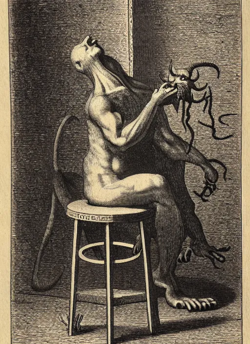 Image similar to elmo sits on a stool, demon from the dictionarre infernal, etching by louis le breton, 1 8 6 9, 1 2 0 0 dpi scan, ultrasharp detail, clean scan