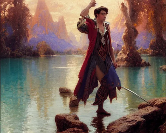 Image similar to attractive male wizard casting powerful water spell in a beautiful lake. highly detailed painting by gaston bussiere, craig mullins, j. c. leyendecker 8 k