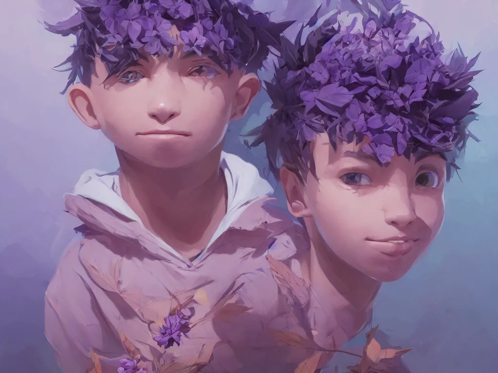 Image similar to kid with symmetrical beauty face, purple flowers of marijuana hemp cannabis, behance hd, by jesper ejsing, by rhads, makoto shinkai, lois van baarle, ilya kuvshinov, rossdraws global illumination, golden ratio