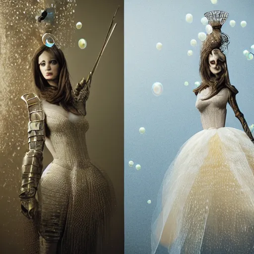 Image similar to medium shot of a woman wearing an armor made of thousands of bubbles. soft. fragile. by ray caesar. by louise dahl - wolfe. by anna claren. surreal photography. octane render