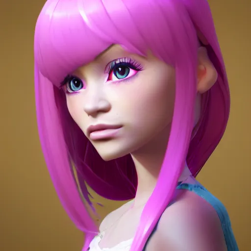 Image similar to A portrait of Nikki from Shining Nikki, a cute 3d cgi toon young woman with long pink hair, full bangs, hazel amber eyes, full face, light makeup, pale skin, Chinese, medium shot, mid-shot, soft focus, 4k, trending on artstation, as a Fortnite character