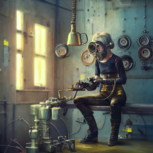 Prompt: rough and moody, colorful, highly detailed painting, science fiction, isolated awkward brilliant female blond teenage tomboy girl with short hair, wearing victorian brass goggles, repairing robot, in industrial workshop, octane render, artstation, michael whelan, ron cobb, digital illustration