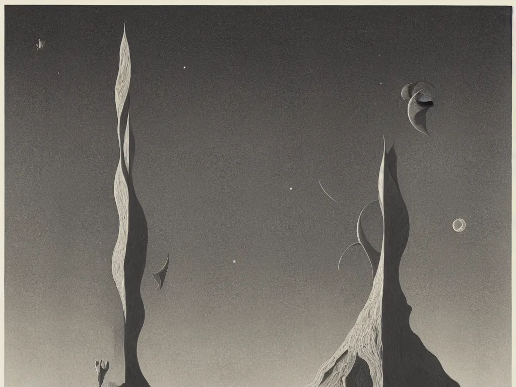 Prompt: gothic tower flower at night over the comet. karl blossfeldt, agnes pelton, roger dean