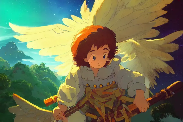 Prompt: a halfling with golden wings. 4 k digital paint by studio ghibli hayao miyazaki. vivid colours, vaporwave lighting style, intricate, very sharp and detailed. trending on artstation and behance.