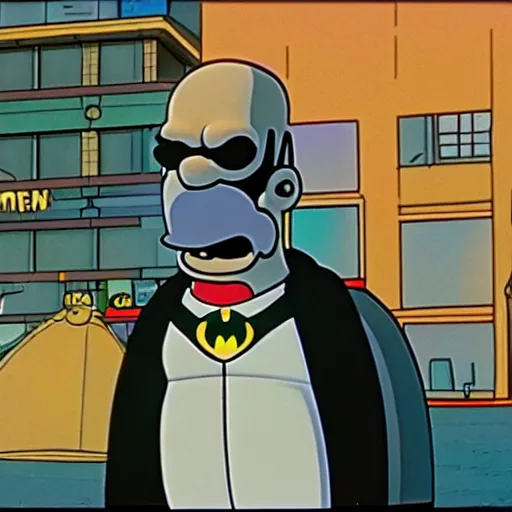 Prompt: Still image of Homer Simpson as Batman in a Batman movie, cinematic, anamorphic, dramatic, 70mm f/2.8, CineStill 800t