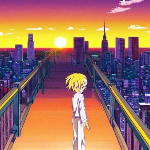 Prompt: new york sunset, sprite, vaporwave nostalgia, directed by beat takeshi, visual novel cg, 8 0 s anime vibe, kimagure orange road, maison ikkoku, sketch by osamu tezuka, directed by makoto shinkai and beat takeshi