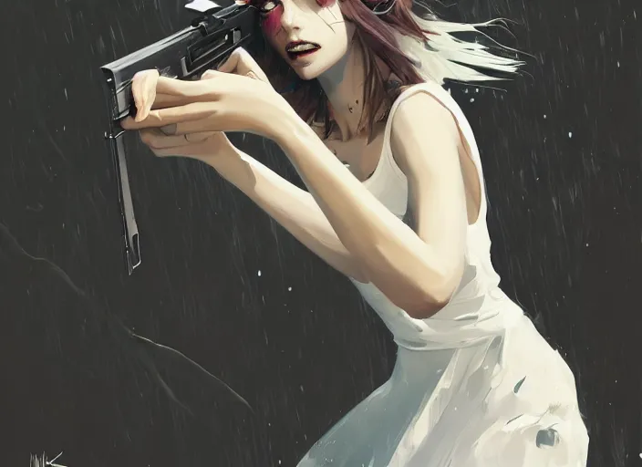 Image similar to white dress girl chasing from crazy grim reaper, holding a gun, messy hair, messy lines, scared face, beautiful and aesthetic and attractive and detailed face, dramatic situation, specular reflection, occlusion shadow, intricate, bokeh, box offic hit, masterpiece, by ilya kuvshinov and jeremy lipking and quentin mabille