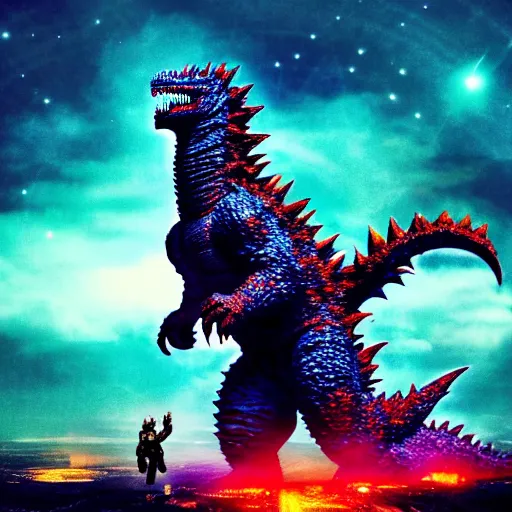 Image similar to a kaiju bigger than a universe, detailed, high contrast, colorful, cinematic, godzilla, shin godzilla, ultraman, monster, beast, beautiful, galaxy, andromeda, milky way, james webb telescope, stars