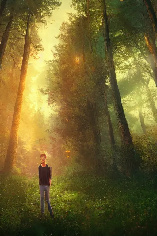 Image similar to pretty young man with long golden hair, trees, detailed forest background, webtoon, breathtaking scenery, colourful, 8 k, graphic novel, digital art trending on artstation, volumetric lighting, octane render, cinematic, hyper detailed, magical atmosphere