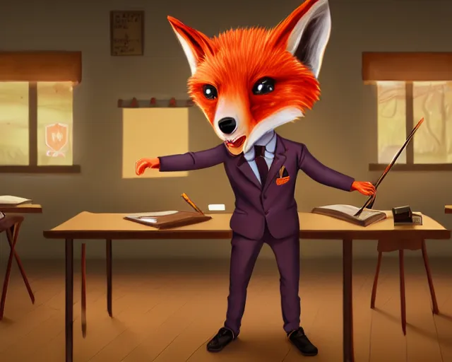 Image similar to award - winning extremely detailed fantasy art of a cute male anthropomorphic vulpes vulpes fulva teacher wearing suit working at a primary school, 4 k cinematic still photography, dramatic lighting