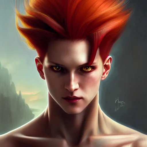 Prompt: portrait of hisoka morow hunter hunter, male, sharp jaw yellow eyes narrow sultry eyes red hair soft bunched hair swept back crimson medium length hair, anime, fantasy, intricate, elegant, highly detailed, digital painting, artstation sharp focus, madonna rebel heart art by artgerm and greg rutkowski and alphonse mucha