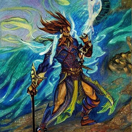 Image similar to A triton hero. Dungeons and Dragons, Wizards of the Coast, Post-Impressionism