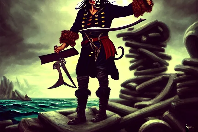 Prompt: an epic hyperrealistic fullbody portrait of a pirate captain in masculine pose standing on a pile of skulls and pointing his sword to the horizone over the sea. by boris valejho in style of waldemar von kozak. trending on artstation. deviantart. darkfantasy pirate portrait illustration.