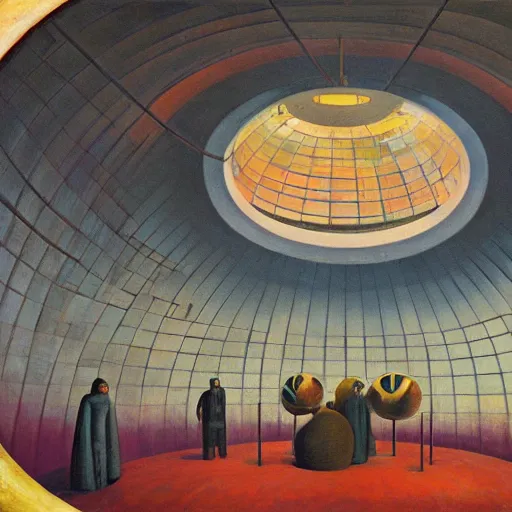 Image similar to three brutalist robotic seers watchers oracles soothsayers inside a dome, pj crook, grant wood, edward hopper, syd mead, chiaroscuro, oil on canvas