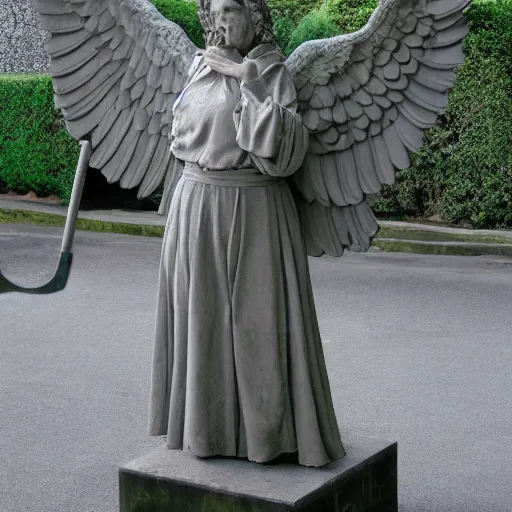 Image similar to A Weeping Angel from Doctor Who holding a giant scythe