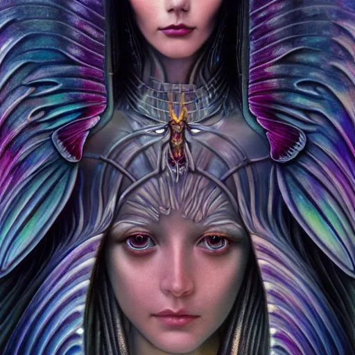 Prompt: beautiful closeup portrait of an art deco faerie queen, glowing eyes. reflective detailed textures, moth wings, highly detailed dark fantasy science fiction painting by tom bagshaw and michael whelan and diego rivera and annie swynnerton and jean delville and moebius and evelyn de morgan and syd mead, elaborate geometric ornament, ancient runes, silver and cool colors. artstation