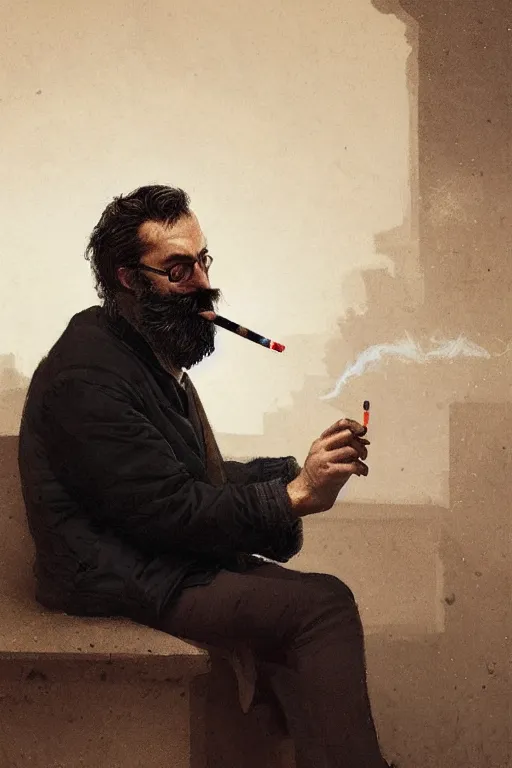 Image similar to portrait of a middle - aged writer with a beard, he is smoking a cigarette, style of greg rutkowski