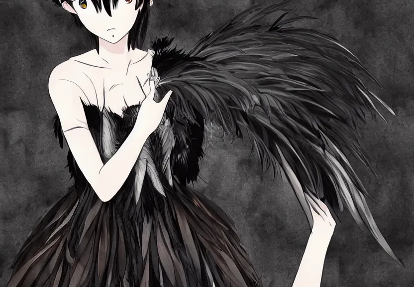 Image similar to little girl with a short black haircut wearing a dress made of black feathers, artwork in the anime style, realistic dark, anatomically perfect