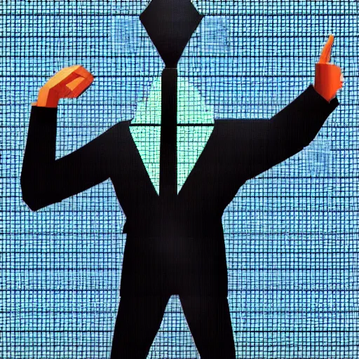 Image similar to low poly business man with tv head, glitch art