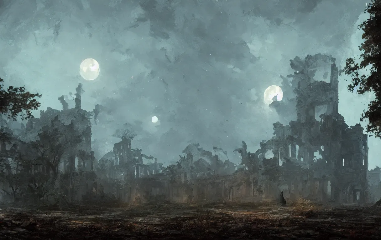 Image similar to A digital painting of a close-up view of abandonned ruins, some dim moonlight, by Ismail Inceoglu and Caspar David Friedrich, stunning, photorealistic, highly-detailed, 4k, ue5, light effect, rtx on, realistic, cinematic, IMAX quality, trending on artstation