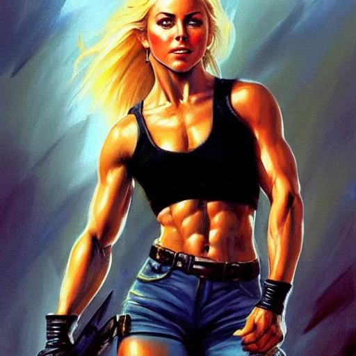 Prompt: julianne hough by boris vallejo and frank frazetta, a secret agent, wearing black shorts, wearing black boots, wearing a cropped top, blade runner, highly detailed, digital painting, artstation, concept art, smooth, sharp focus ilustration, artstation, hq