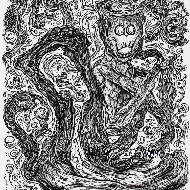 Image similar to Garfield as an eldritch abomination, illustrated by Junji Ito, Lovecraftian, digital art, line art, highly detailed