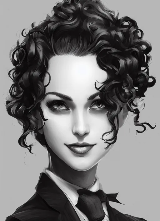 Prompt: a highly detailed illustration of curly short haired girl wearing noir hat and suit and tie, dramatic smiling pose, intricate, elegant, highly detailed, centered, digital painting, artstation, concept art, smooth, sharp focus, league of legends concept art, WLOP