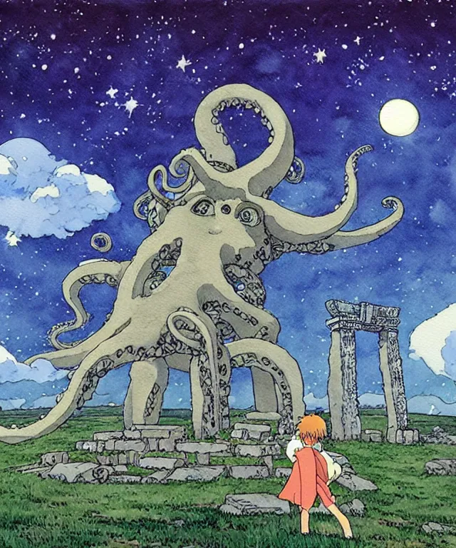 Image similar to a hyperrealist studio ghibli watercolor fantasy concept art. in the foreground is a giant grey octopus lifting and putting stones in to place on top of stonehenge with a starry sky. by rebecca guay, michael kaluta, charles vess