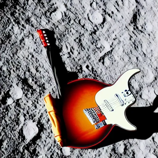 Image similar to photo of an idle electric guitar and an idle beer can next to one another on the moon surface