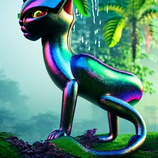 Prompt: giant iridescent mix between a feline and bug android creature in lush jungle, raining, foggy, moody, :: by Jeff Koons, Dan McPharlin Daniel Merrian :: ornate, dynamic, particulate, rich colors, intricate, elegant, highly detailed, centered, artstation, smooth, sharp focus, octane render, 3d