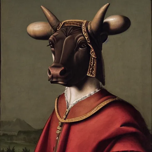 Image similar to a renaissance style portrait of Cattle (Bos taurus) wearing a crown and a cape, dark background