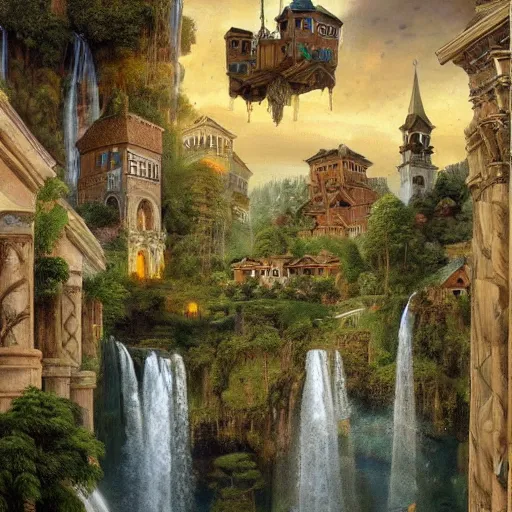 Image similar to a painting of a renaissance village in the sky with waterfalls, open windows, godrays, chandelier, pillars of marble, storm, waterfalls, small canoes, art by JohannesVoss, Donato Giancola, Aleksi Briclot, trending on artstation