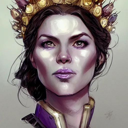 Image similar to thanos as an attractive young smiling woman wearing a mushroom crown and heavy armoured wedding dress, face portrait, hd shot, digital portrait, beautiful, fantasy art, artstation, comic style, by artgerm, guy denning, jakub rozalski, magali villeneuve and charlie bowater