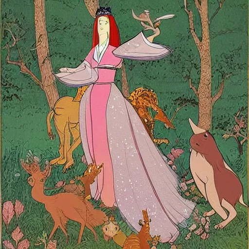 Image similar to A detailed experimental art of Princess Aurora singing in the woods while animals look on. The colors are light and airy, with a hint of mystery in the shadows. The overall effect is dreamlike and fairy-tale like. Korean folk art, alizarin by Dave Gibbons