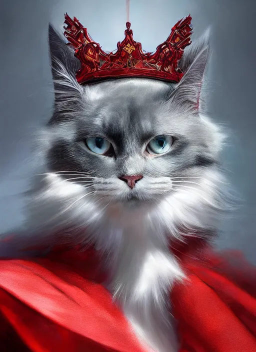 Image similar to side profile of a ragdoll cat king wearing a crown and red cape, fantasy, digital painting, volumetric light, intricate, sharp, focus, bloom, illustration, highly detailed, concept art, matte, ruan jia, randy vargas, greg rutkowski