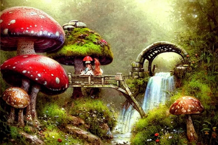 Prompt: adventurer ( ( ( ( ( 1 9 5 0 s retro future forrest of giant mushrooms, moss and flowers stone bridge waterfall and cottage. muted colors. ) ) ) ) ) by jean baptiste monge!!!!!!!!!!!!!!!!!!!!!!!!! chrome red