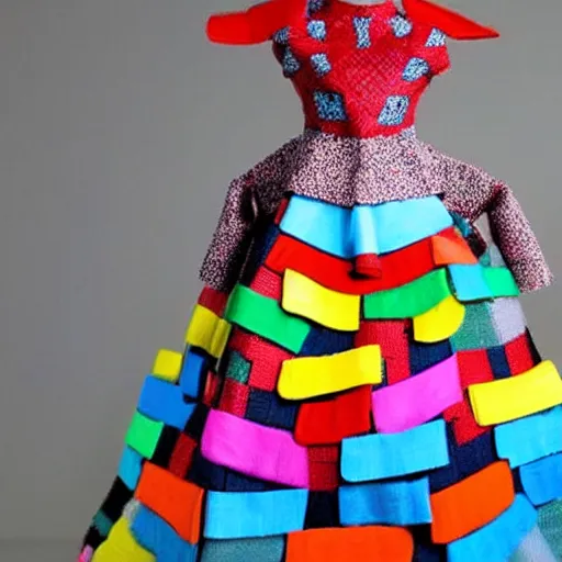 Image similar to a dress made entirely of children toys,