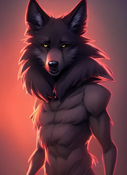 Image similar to character concept art of a black anthropomorphic furry male wolf long red hair | | cute - fine - face, pretty face, key visual, realistic shaded perfect face, fine details by stanley artgerm lau, wlop, rossdraws, james jean, andrei riabovitchev, marc simonetti, and sakimichan, trending on artstation