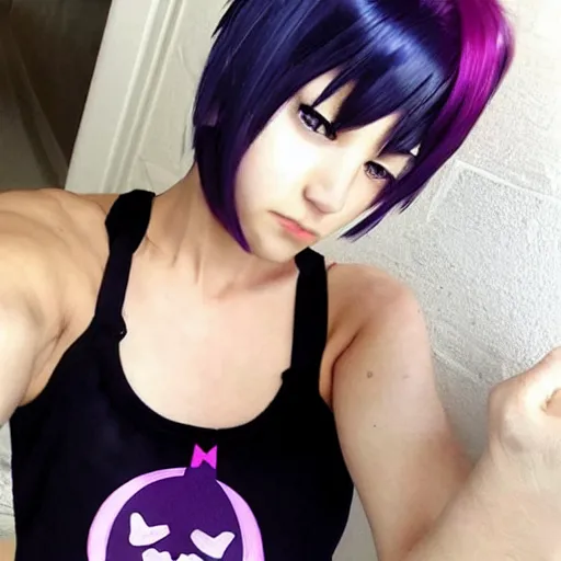 Image similar to anime girl with short purple hair and cat ears and a black tank top, aesthetic