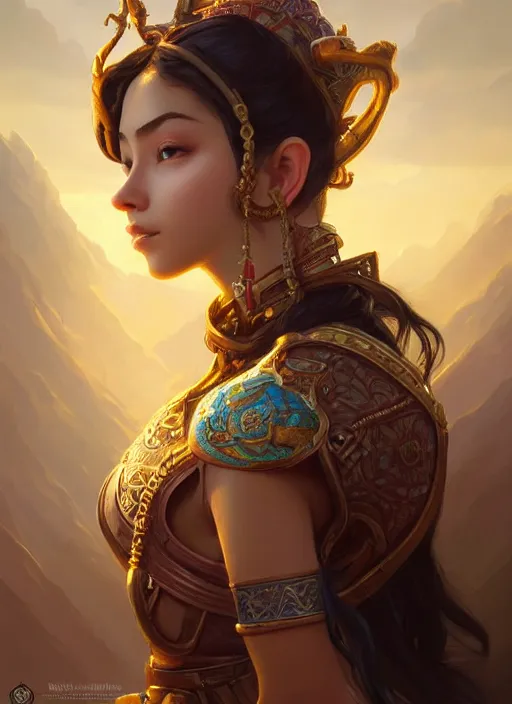 Image similar to portrait of russian mexican asian girl jodhpurs hyperborea lemuria, deep focus, d & d, fantasy, intricate, elegant, highly detailed, digital painting, artstation, concept art, matte, sharp focus, illustration, hearthstone, art by rhads by artgerm and greg rutkowski and alphonse mucha