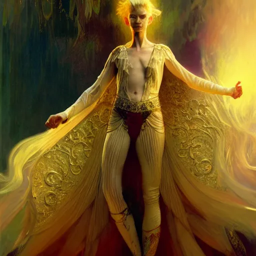Image similar to young adult tilda swinton as lucifer morningstar, ornate long blond hair, whole body, natural lighting, path traced, highly detailed, high quality, digital painting, by gaston bussiere, craig mullins, alphonse mucha j. c. leyendecker