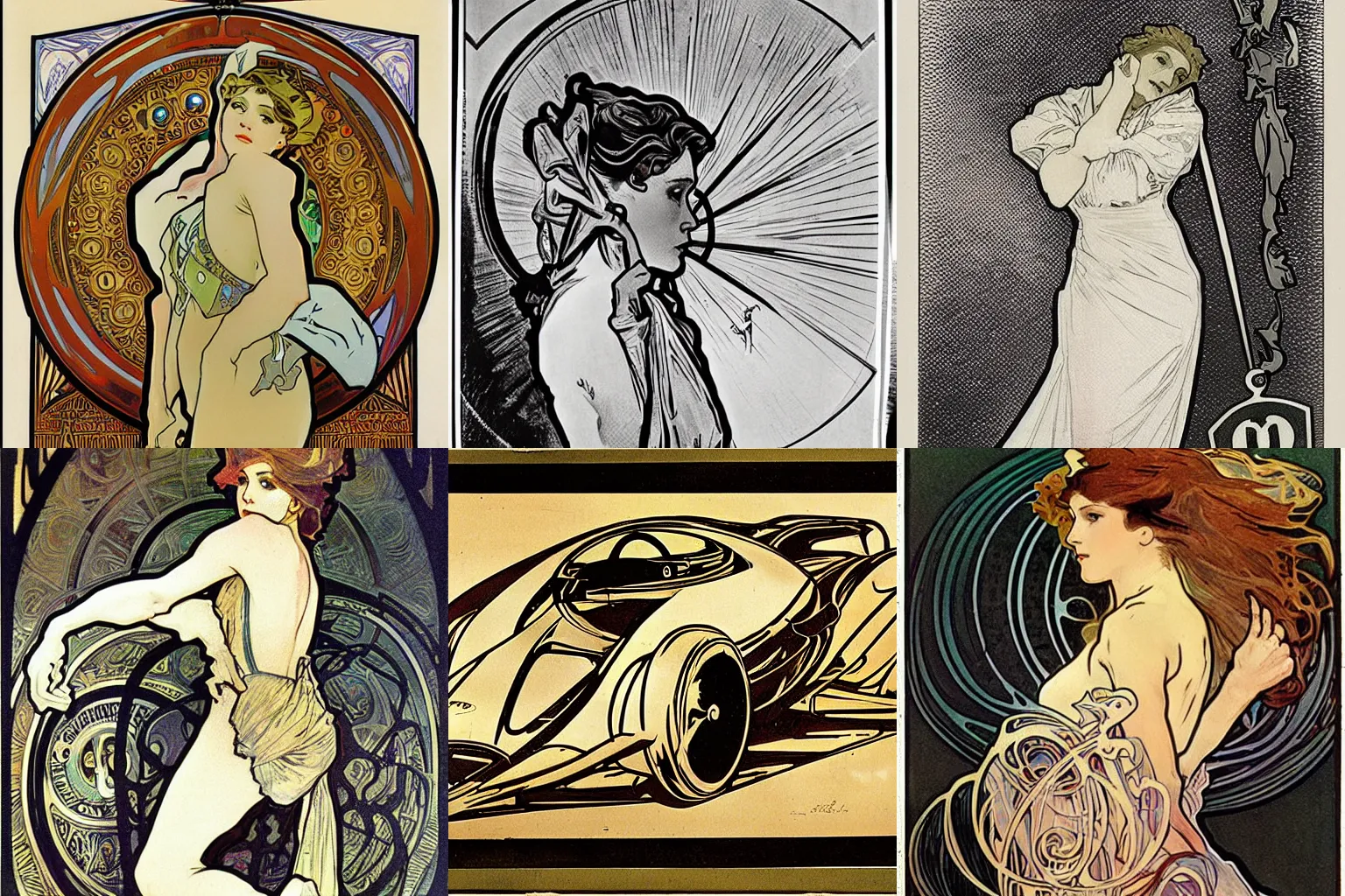 Prompt: a race car by alphonse mucha.