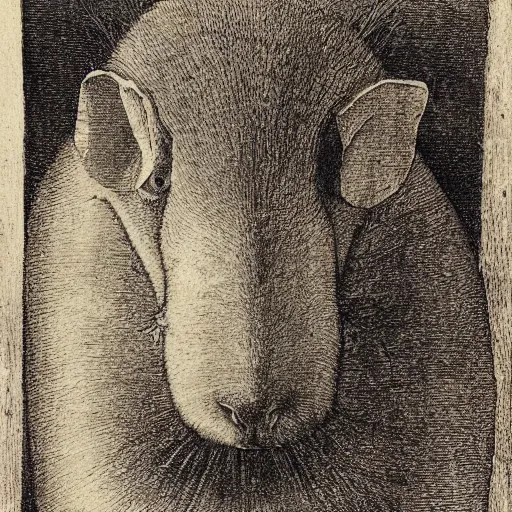 Prompt: albrecht durer etching of a painting by picasso of a capybara, detailed, masterpiece, intricate, collection of louvre