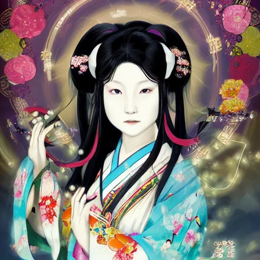 Image similar to portrait of the japanese moon princess kaguya hime with long flowing black hair wearing an ornate kimono with intricate floral patterns, touhou character illustration by ross tran, bo chen, toni infante, rebecca oborn, michael whelan, trending on artstation cgsociety hq