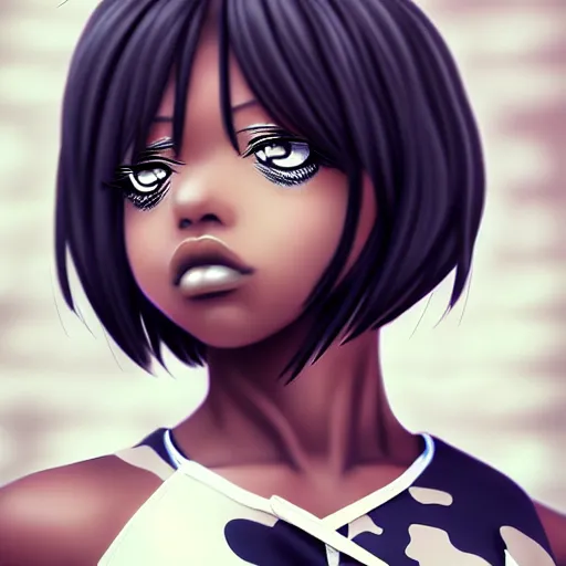 Image similar to black anime manga girl, wearing camo, white french bob, throwing punch pose, realistic, 4 k, artstation, highly detailed, detailed face